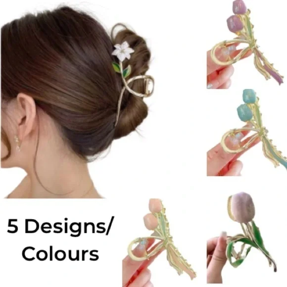 $20 (2 for $30) Metal Hair Claw Clip With Painted Blue Tulip Flowers Crab Clip - Picture 9 of 9